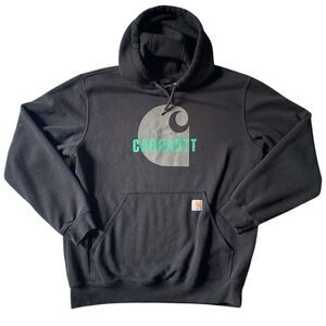 Vintage Carhart thick loose fit hoodie, large teal graphic rare y2k chore